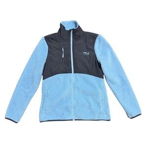 Fila‎ Sport Jacket Womens Medium Blue Black Fleece Colorblock Full Zip Pockets